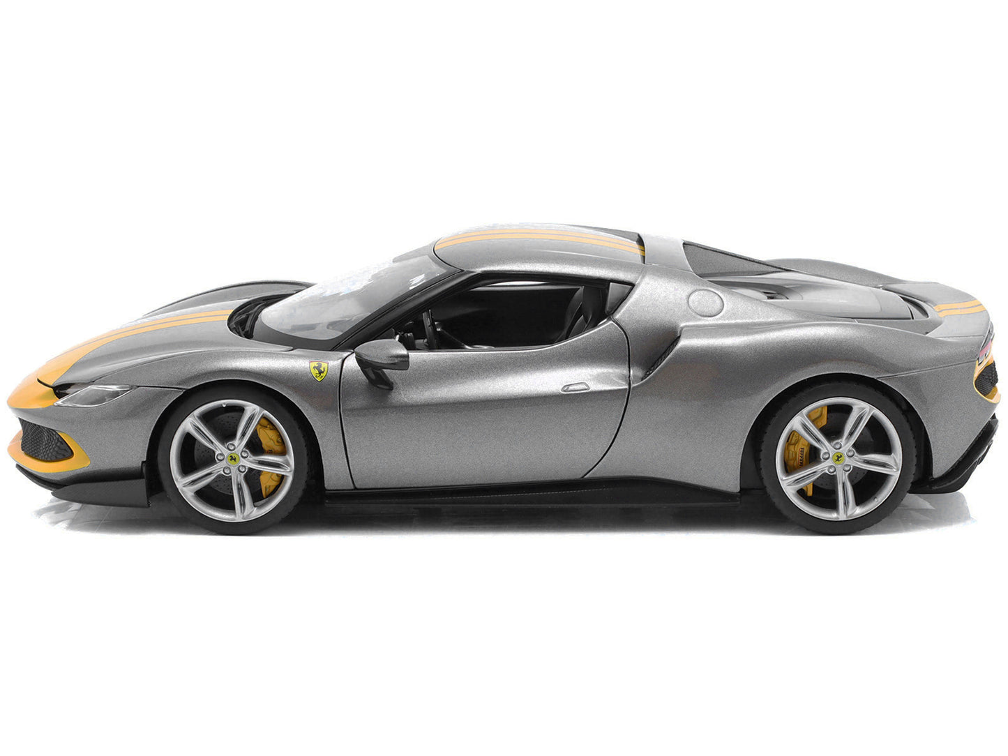 Ferrari 296 GTB Assetto Fiorano Gray Metallic with Yellow Stripes "Race + Play" Series 1/18 Diecast Model Car by Bburago