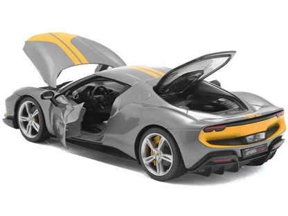 Ferrari 296 GTB Assetto Fiorano Gray Metallic with Yellow Stripes "Race + Play" Series 1/18 Diecast Model Car by Bburago