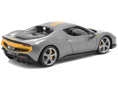 Ferrari 296 GTB Assetto Fiorano Gray Metallic with Yellow Stripes "Race + Play" Series 1/18 Diecast Model Car by Bburago