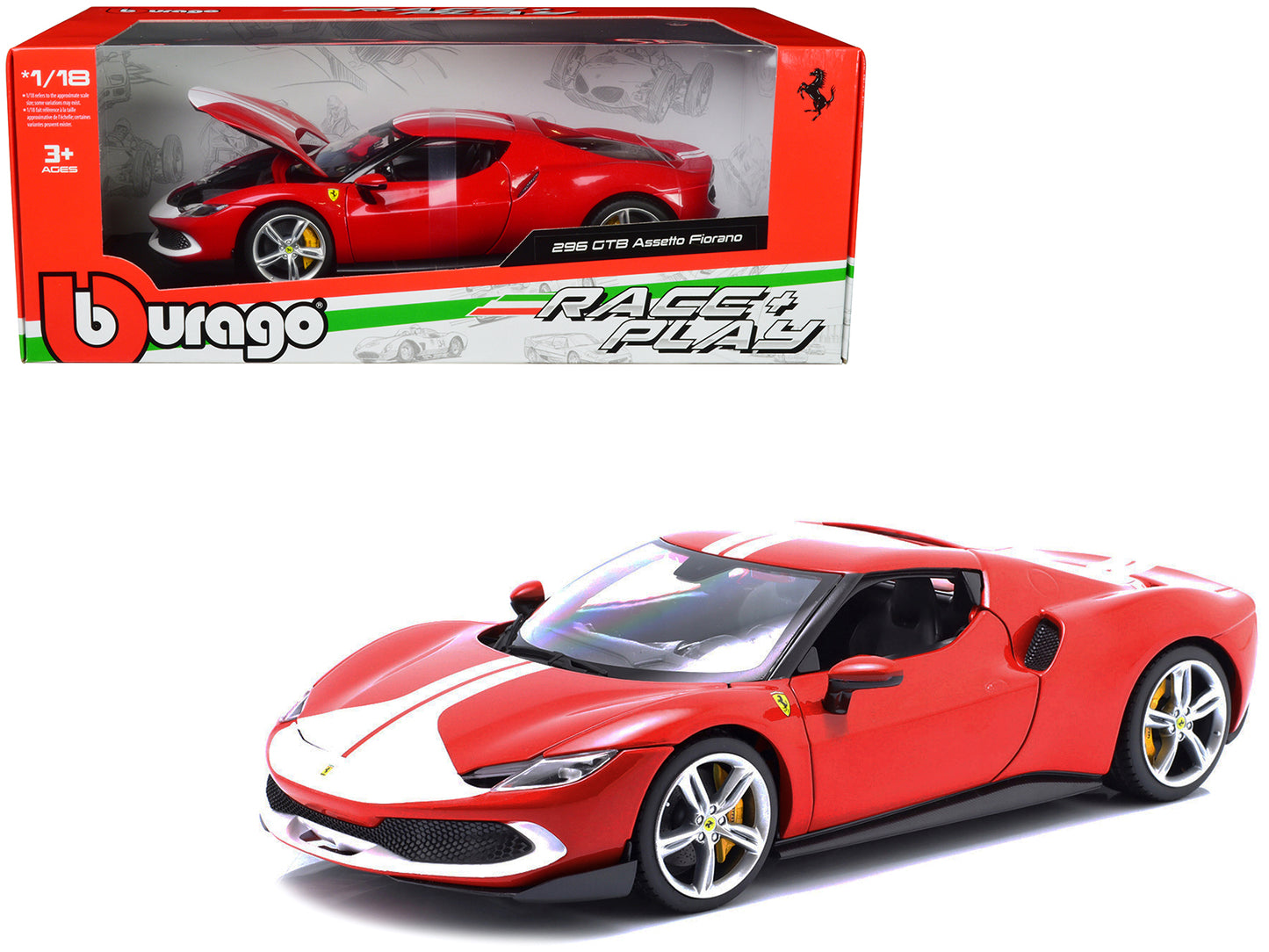 Ferrari 296 GTB Assetto Fiorano Red with White Stripes "Race + Play" Series 1/18 Diecast Model Car by Bburago