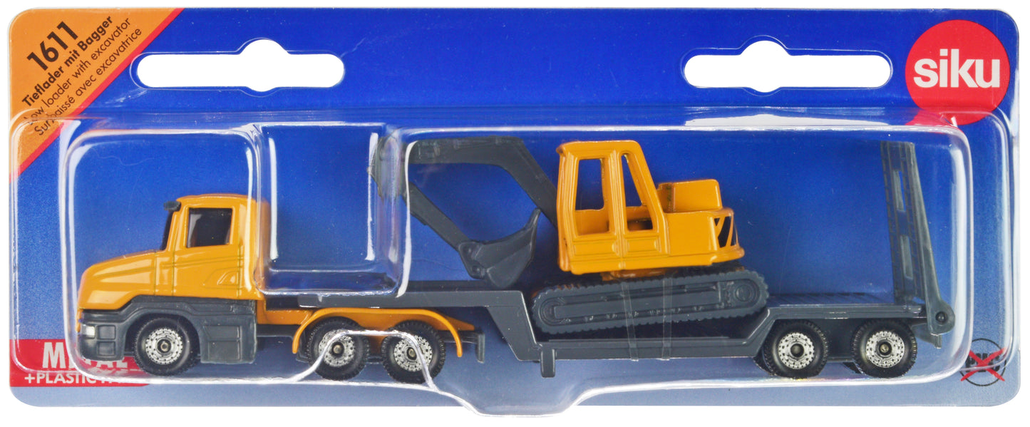 Truck with Low Loader Trailer and Excavator Yellow Diecast Model by Siku