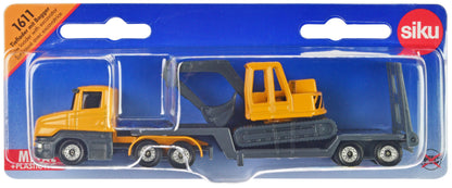 Truck with Low Loader Trailer and Excavator Yellow Diecast Model by Siku