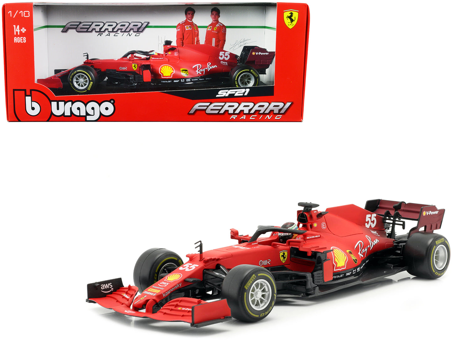 Ferrari SF21 #55 Carlos Sainz Formula One F1 Car "Ferrari Racing" Series 1/18 Diecast Model Car by Bburago