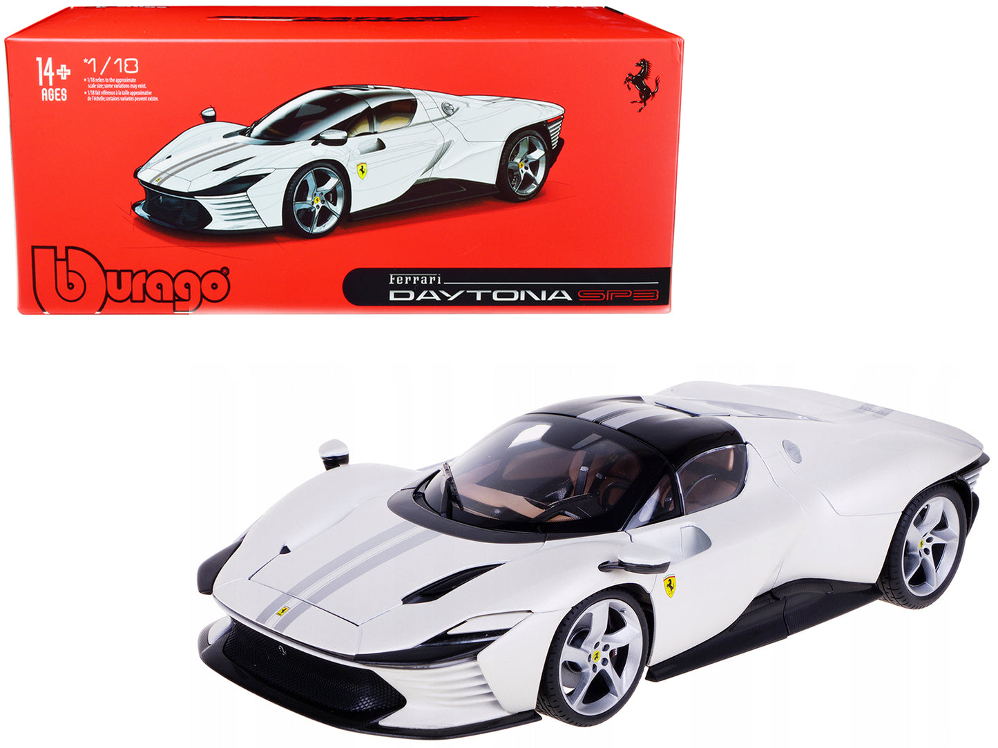 Ferrari Daytona SP3 White Metallic with Silver Stripes "Signature Series" 1/18 Diecast Model Car by Bburago