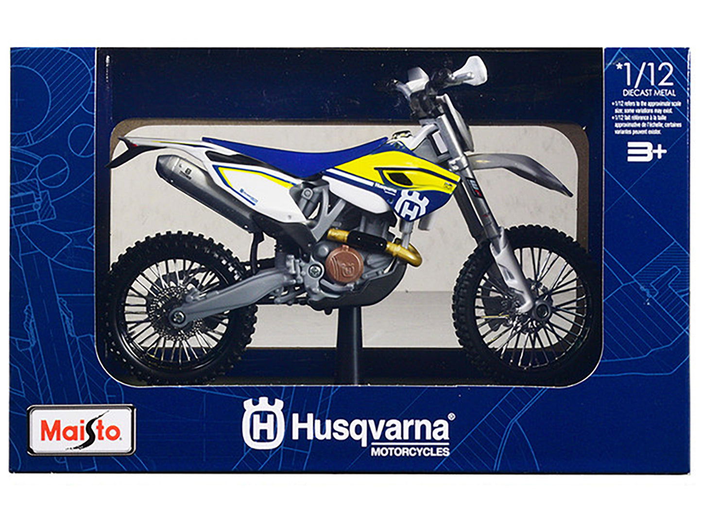 Husqvarna FE 501 White and Blue with Yellow Stripes 1/12 Diecast Motorcycle Model by Maisto