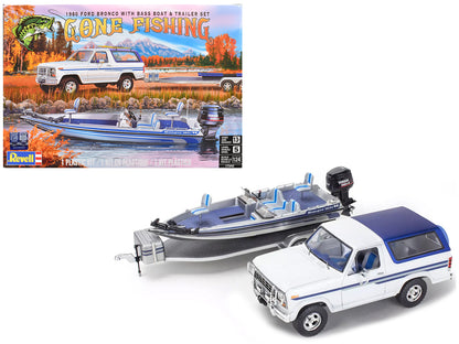 Level 5 Model Kit 1980 Ford Bronco with Bass Boat and Flatbed Trailer Set 1/24 Scale Model by Revell