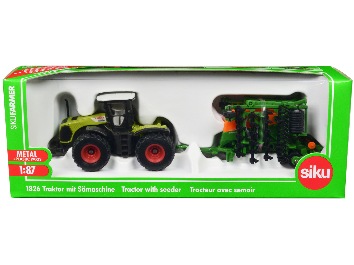 Claas Xerion 5000 Tractor Green with Gray Top and Amazone Cayena 6001 Seeder 1/87 (HO) Diecast Model by Siku