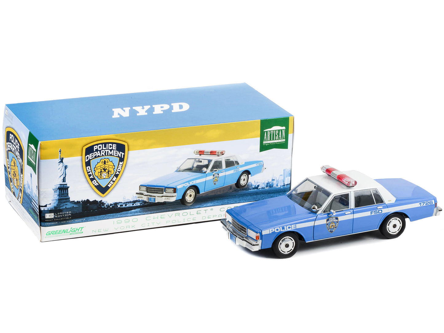 1990 Chevrolet Caprice Police Blue and White "NYPD (New York City Police Department)" "Artisan Collection" 1/18 Diecast Model Car by Greenlight