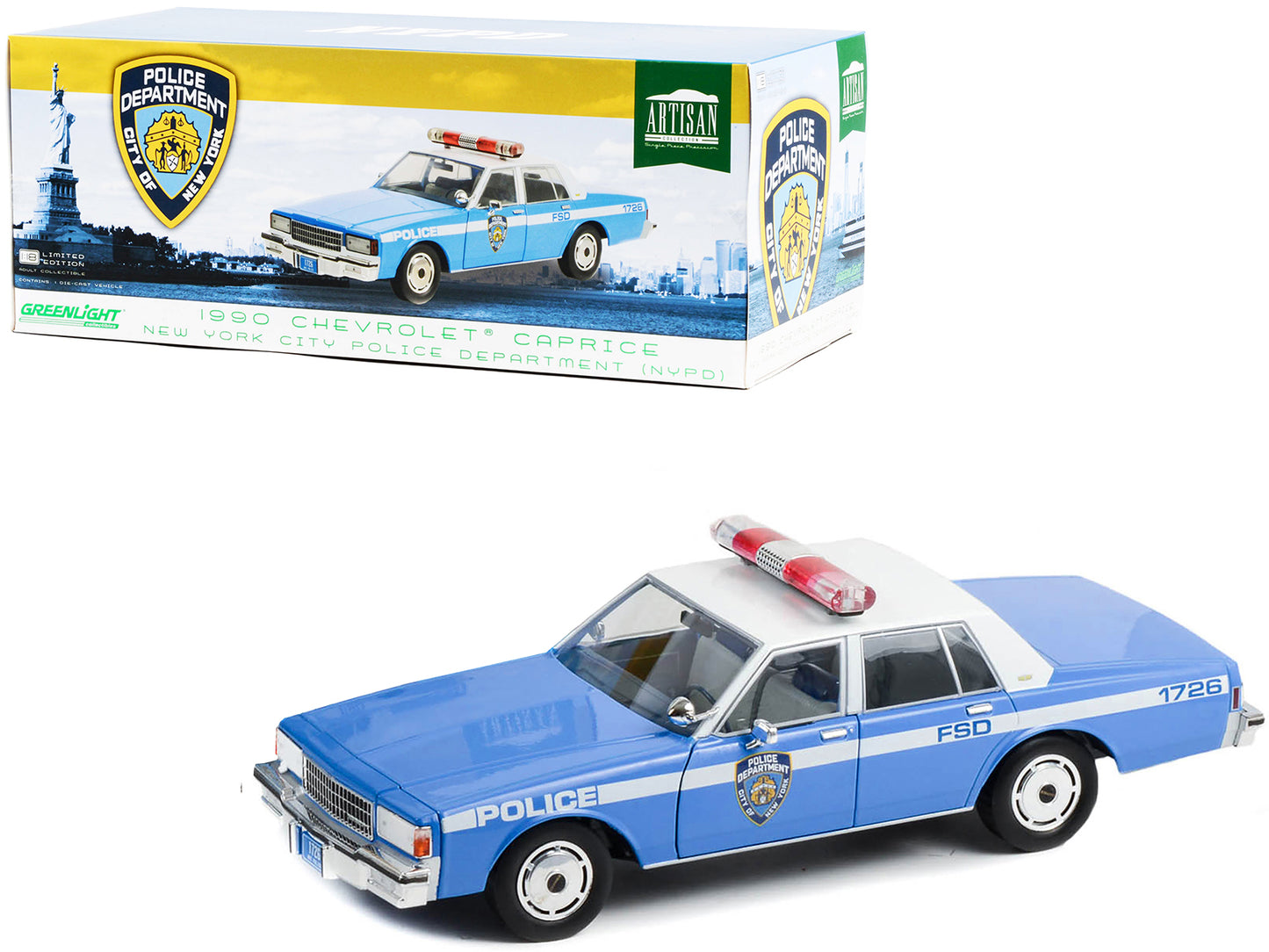 1990 Chevrolet Caprice Police Blue and White "NYPD (New York City Police Department)" "Artisan Collection" 1/18 Diecast Model Car by Greenlight