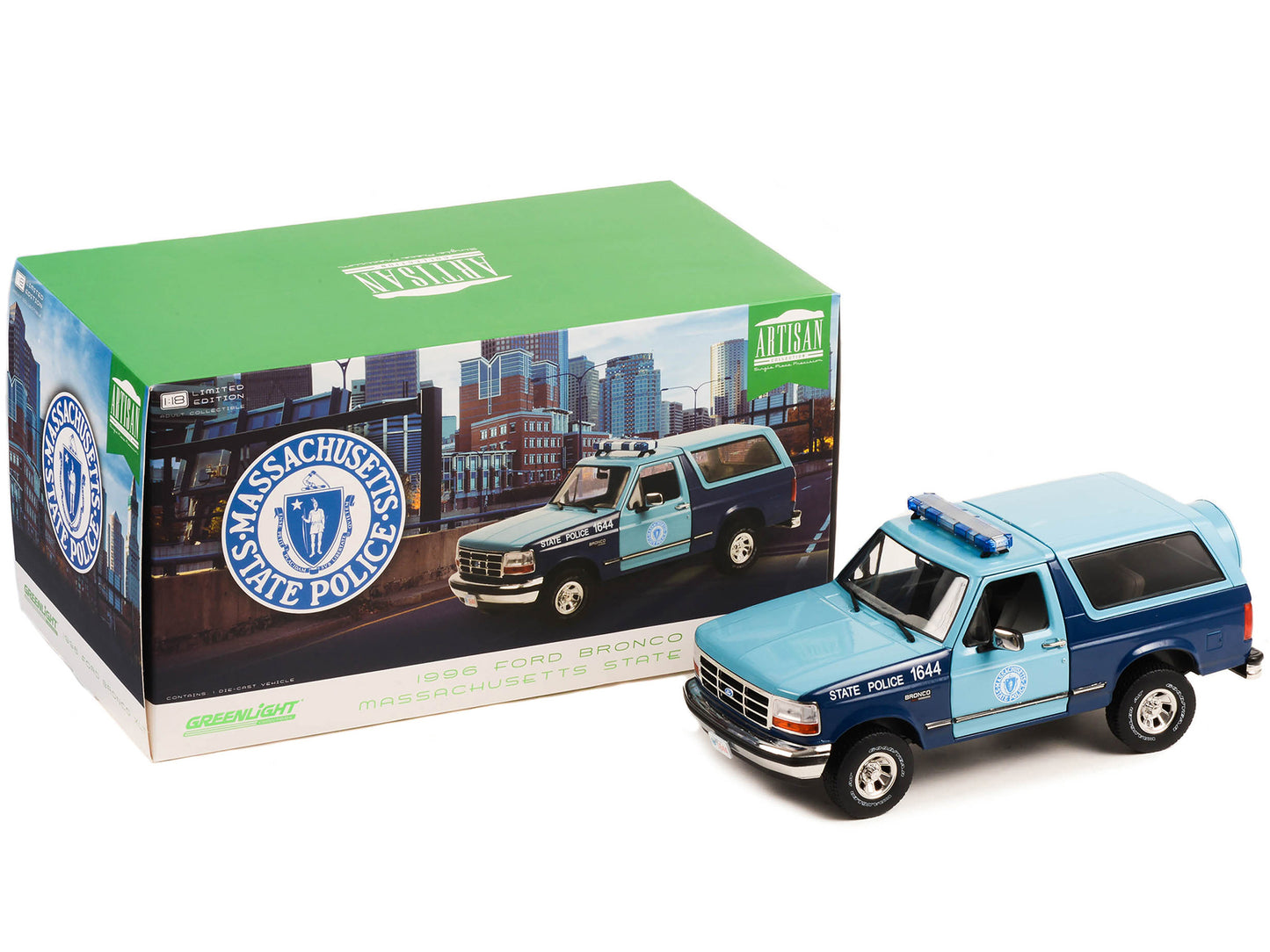 1996 Ford Bronco XLT Blue and Light Blue "Massachusetts State Police" "Artisan Collection" 1/18 Diecast Model Car by Greenlight