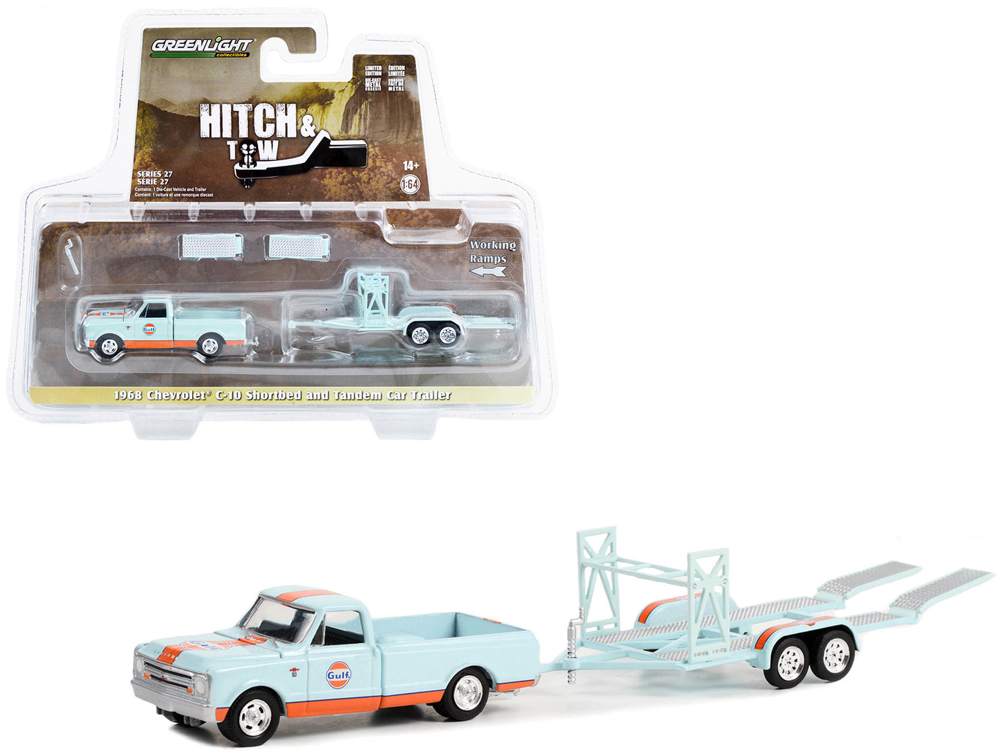 1968 Chevrolet C-10 Shortbed Pickup Truck Light Blue and Orange and Tandem Car Trailer "Gulf Oil" "Hitch & Tow" Series 27 1/64 Diecast Model Car by Greenlight