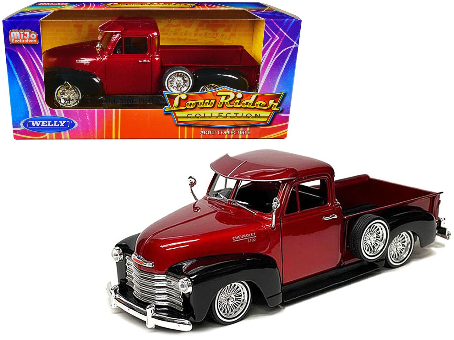 1953 Chevrolet 3100 Pickup Truck Lowrider Red Metallic and Black Two-Tone "Low Rider Collection" 1/24 Diecast Model Car by Welly