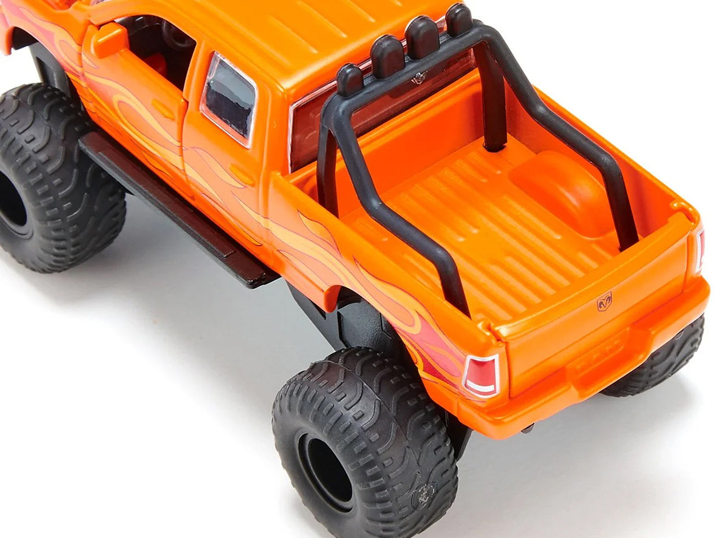 Ram 1500 Pickup Truck Lifted with Balloon Tires Orange with Flames 1/50 Diecast Model by Siku