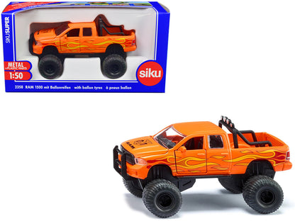 Ram 1500 Pickup Truck Lifted with Balloon Tires Orange with Flames 1/50 Diecast Model by Siku