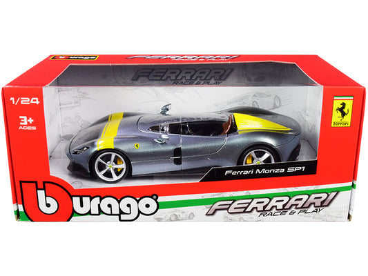 Ferrari Monza SP1 Silver Metallic with Yellow Stripes 1/24 Diecast Model Car by Bburago