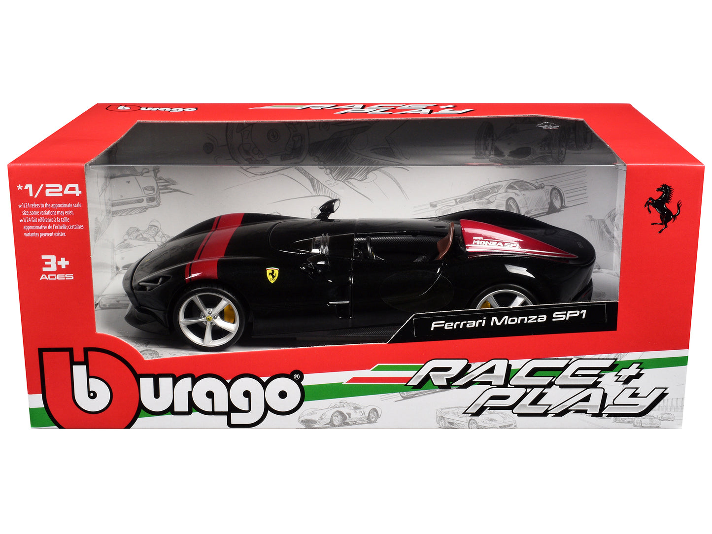 Ferrari Monza SP1 Black Metallic with Red Stripes "Race & Play" Series 1/24 Diecast Model Car by Bburago