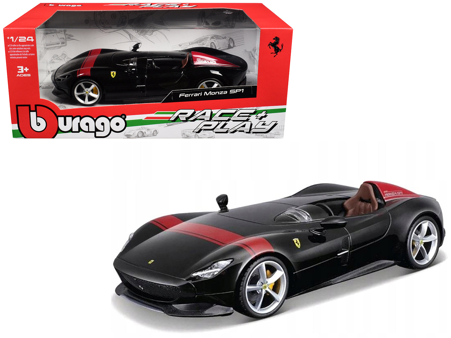 Ferrari Monza SP1 Black Metallic with Red Stripes "Race & Play" Series 1/24 Diecast Model Car by Bburago