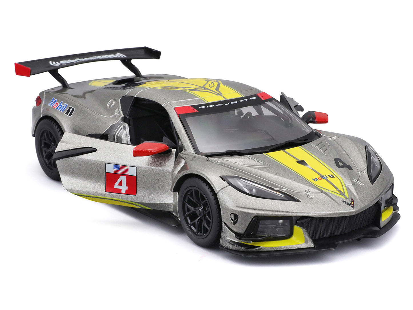 2020 Chevrolet Corvette C8.R #4 Silver Metallic with Yellow Stripes "Race" Series 1/24 Diecast Model Car by Bburago