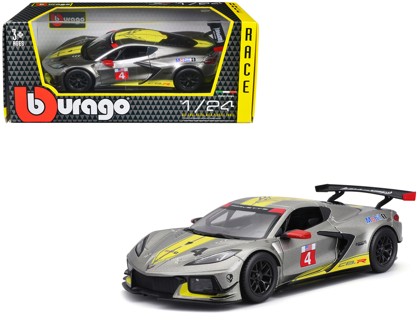 2020 Chevrolet Corvette C8.R #4 Silver Metallic with Yellow Stripes "Race" Series 1/24 Diecast Model Car by Bburago