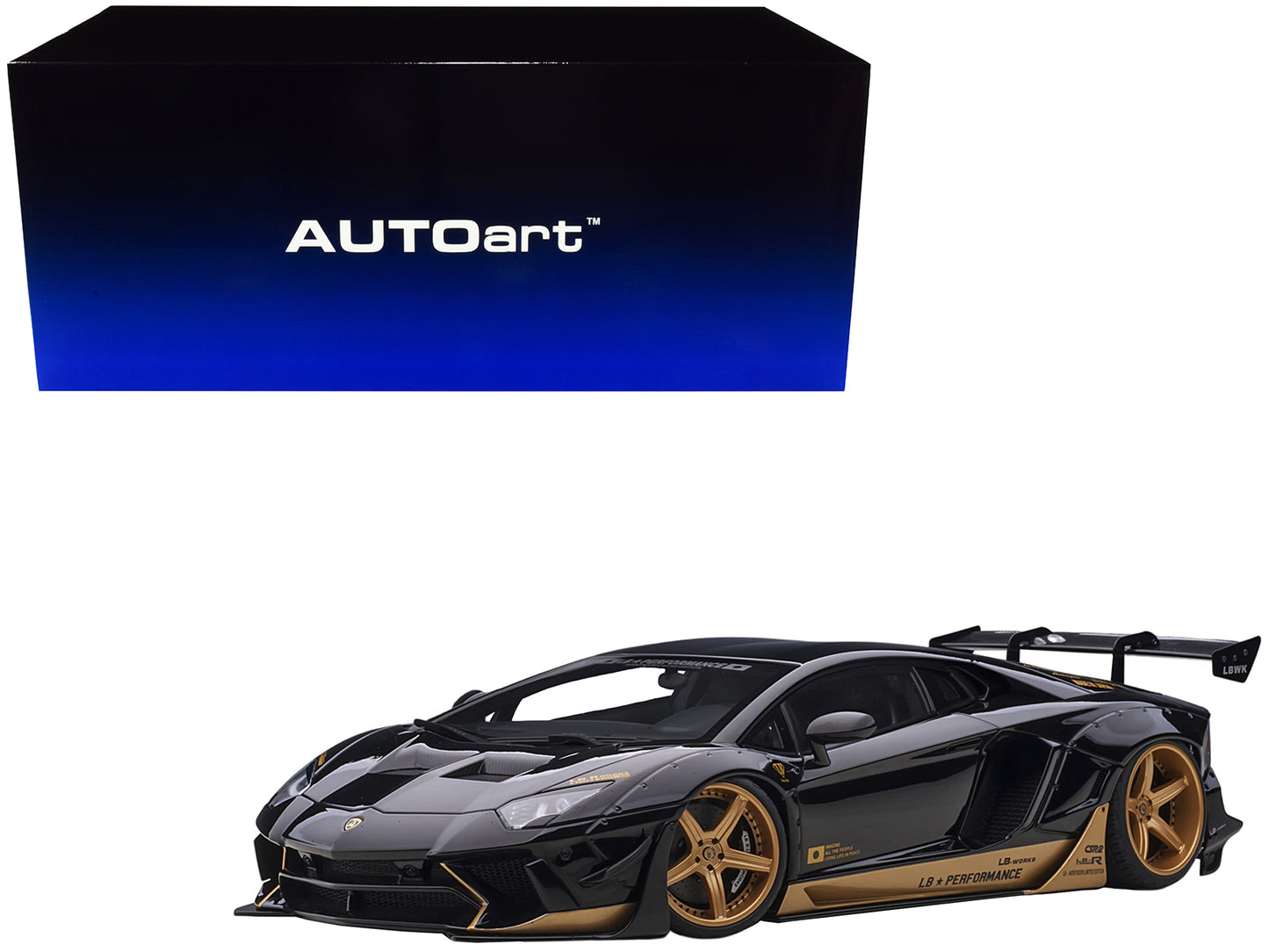 Lamborghini Aventador Liberty Walk LB-Works Gloss Black with Gold Accents Limited Edition 1/18 Model Car by Autoart