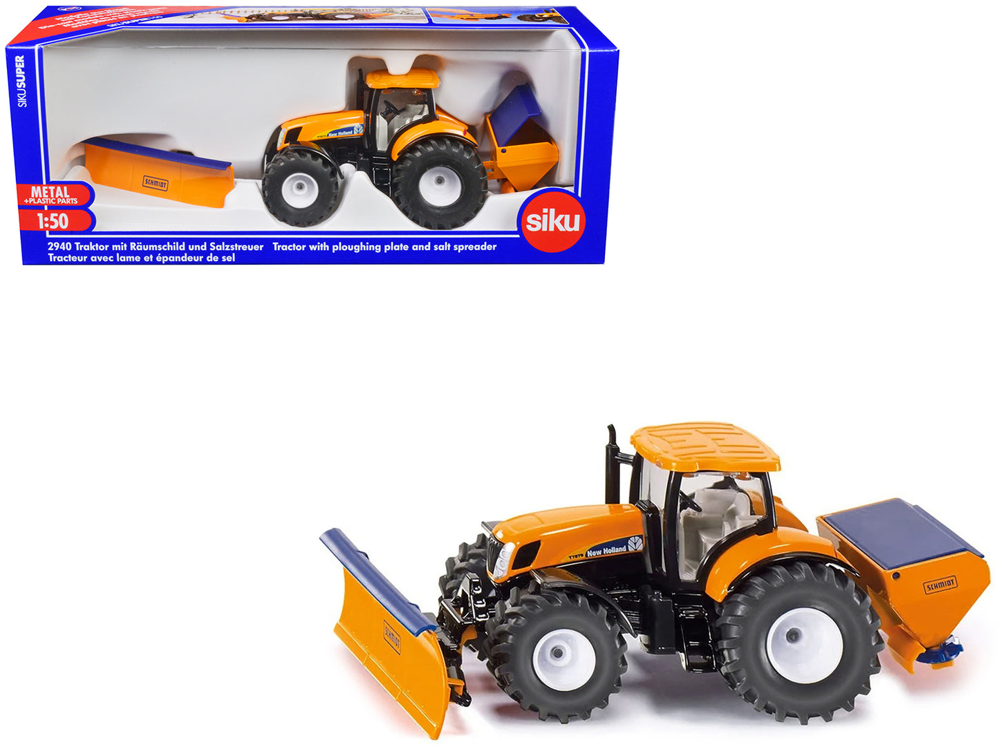 New Holland T7070 Tractor with Ploughing Plate and Salt Spreader Yellow 1/50 Diecast Model by Siku