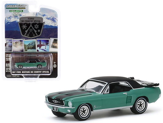 1967 Ford Mustang Coupe Loveland Green Metallic with Black Stripes and Black Top and a Pair of Skis "Ski Country Special" "Hobby Exclusive" 1/64 Diecast Model Car by Greenlight