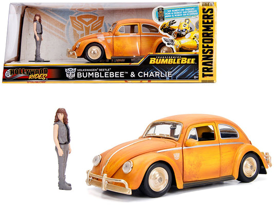 Volkswagen Beetle Weathered Yellow with Robot on Chassis and Charlie Diecast Figurine "Bumblebee" (2018) Movie ("Transformers" Series) "Hollywood Rides" Series 1/24 Diecast Model Car by Jada