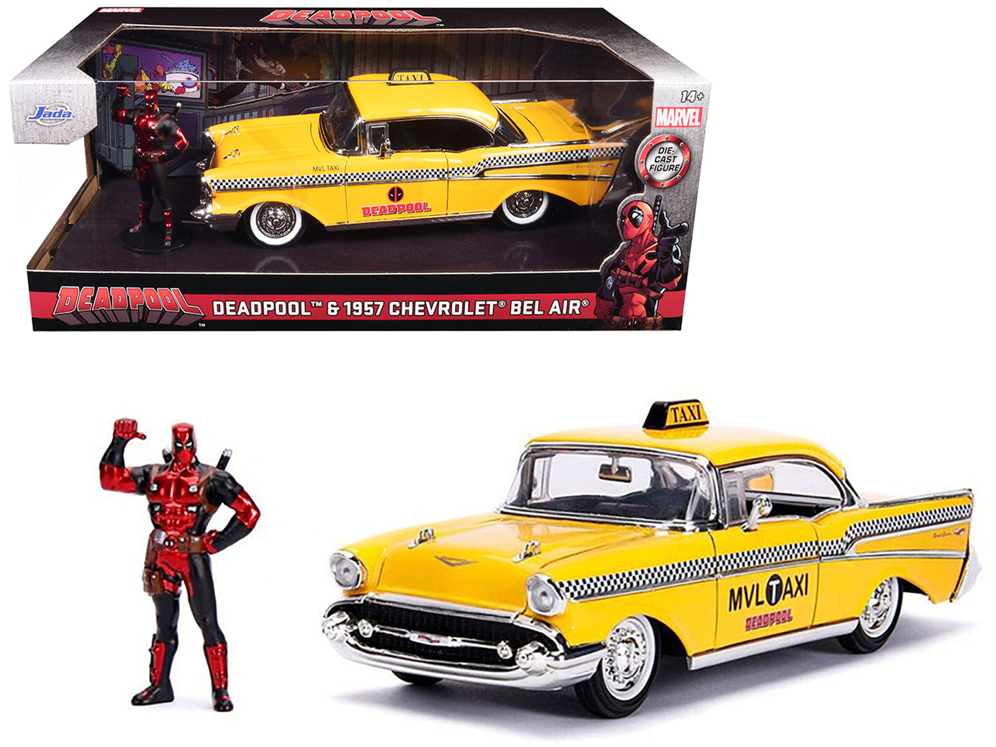 1957 Chevrolet Bel Air Taxi Yellow with Deadpool Diecast Figurine "Marvel" Series 1/24 Diecast Model Car by Jada