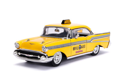 1957 Chevrolet Bel Air Taxi Yellow with Deadpool Diecast Figurine "Marvel" Series 1/24 Diecast Model Car by Jada