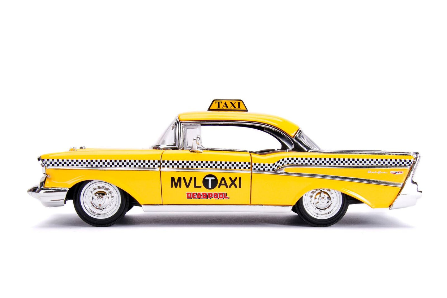 1957 Chevrolet Bel Air Taxi Yellow with Deadpool Diecast Figurine "Marvel" Series 1/24 Diecast Model Car by Jada