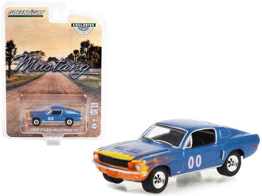 1968 Ford Mustang GT Fastback #00 Blue Metallic with Flames Graphics "Hobby Exclusive" Series 1/64 Diecast Model Car by Greenlight