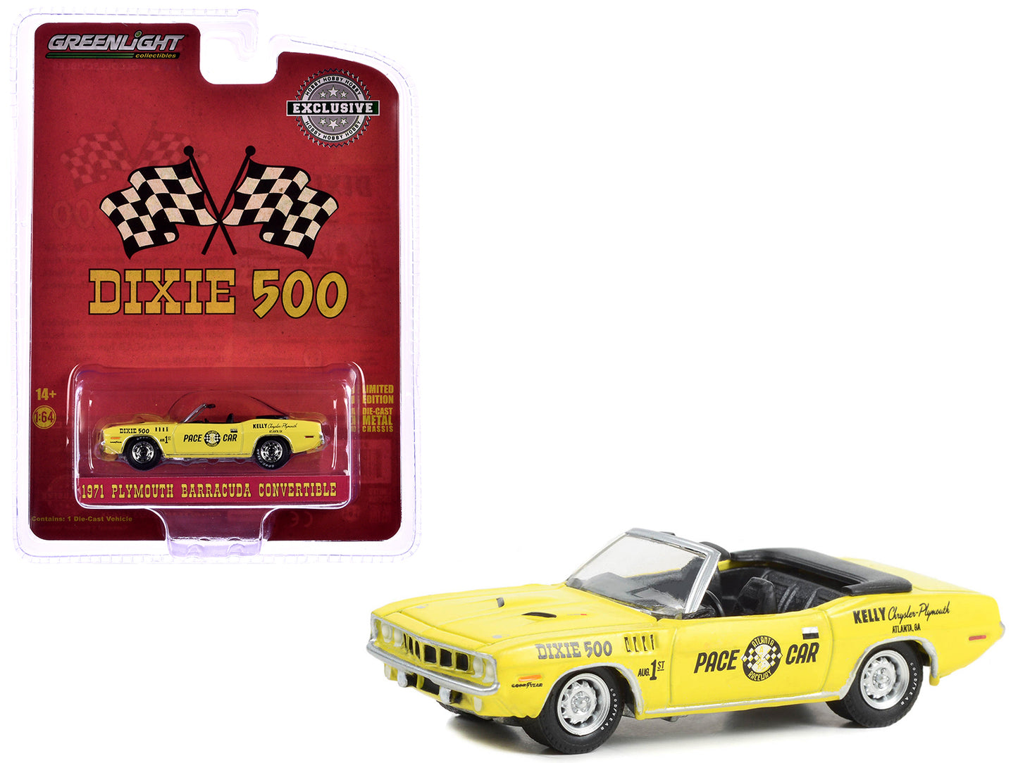 1971 Plymouth Barracuda Convertible "Dixie 500 Pace Car" Yellow "Hobby Exclusive" Series 1/64 Diecast Model Car by Greenlight