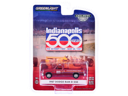 1987 Dodge Ram D-250 Pickup Truck "71st Annual Indianapolis 500 Mile Race Dodge Official Truck" Red with Stripes "Hobby Exclusive" Series 1/64 Diecast Model Car by Greenlight