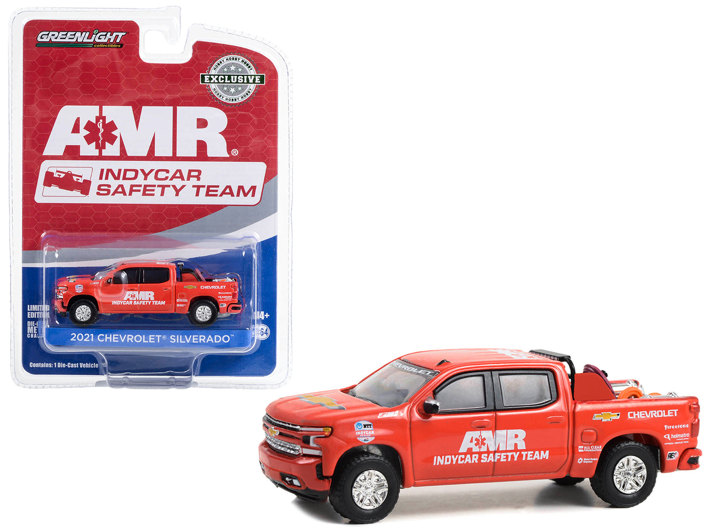 2021 Chevrolet Silverado Pickup Truck Red "2021 NTT IndyCar Series AMR IndyCar Safety Team" with Safety Equipment in Truck Bed "Hobby Exclusive" Series 1/64 Diecast Model by Greenlight