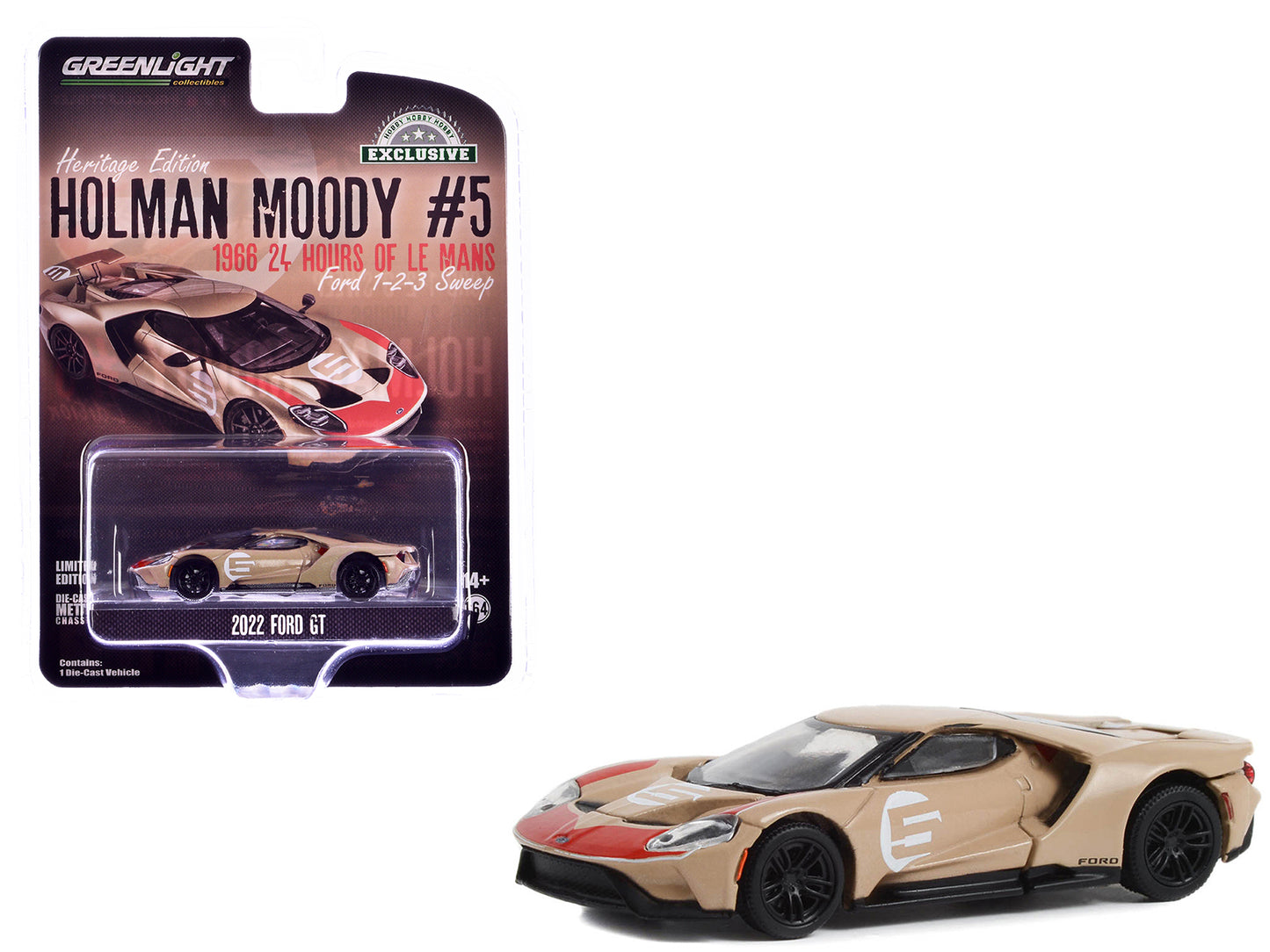 2022 Ford GT Heritage Edition #5 Holman-Moody "1966 24 Hours of Le Mans Ford 1-2-3 Sweep Tribute" Gold Metallic with Red Accents "Hobby Exclusive" Series 1/64 Diecast Model Car by Greenlight