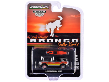 2022 Ford Bronco Sport Outer Banks Gray Metallic with Stripes and Rooftop Kayak "Hobby Exclusive" Series 1/64 Diecast Model Car by Greenlight