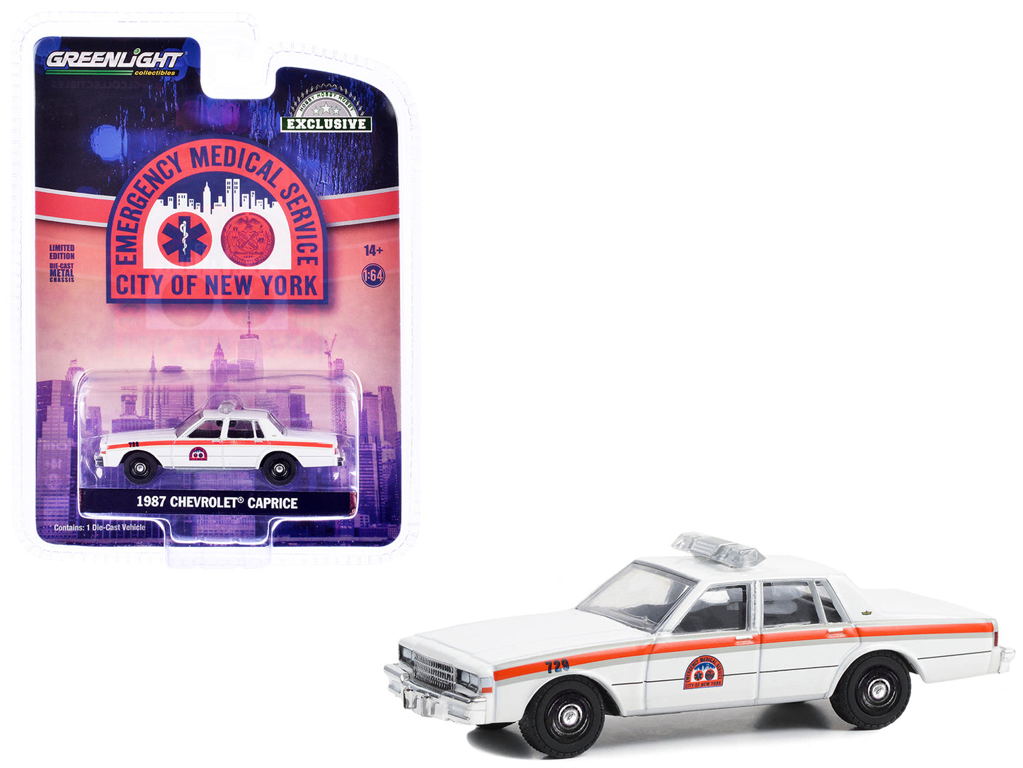 1987 Chevy Caprice "NYC EMS (City of New York Emergency Medical Service)" White with Stripes "Hobby Exclusive" Series 1/64 Diecast Model Car by Greenlight