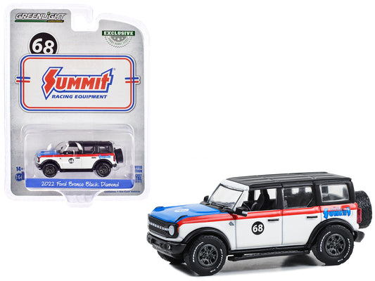 2022 Ford Bronco Black Diamond #68 "Summit Racing" White with Red Stripes Black Top and Blue Hood "Hobby Exclusive" Series 1/64 Diecast Model Car by Greenlight