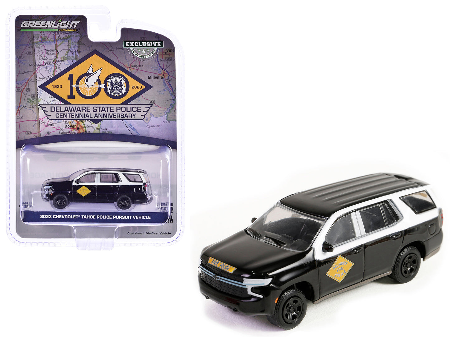 2023 Chevrolet Tahoe Police Pursuit Vehicle "Delaware State Police Centennial Anniversary" Black and White "Hobby Exclusive" Series 1/64 Diecast Model Car by Greenlight