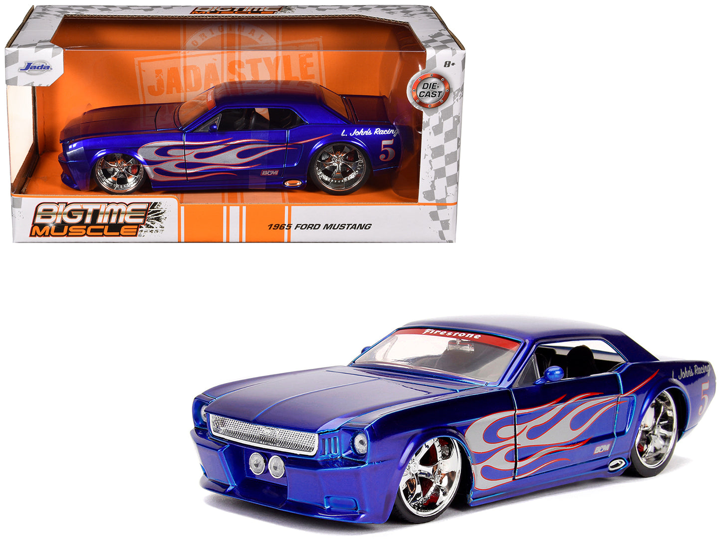 1965 Ford Mustang #5 "L. John's Racing" Candy Blue with Flame Graphics "Bigtime Muscle" Series 1/24 Diecast Model Car by Jada