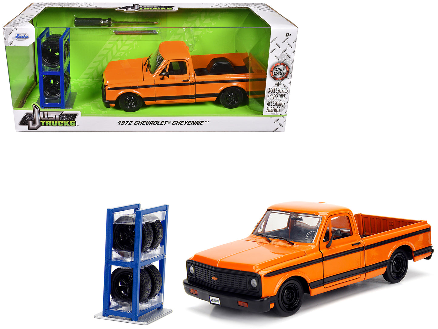 1972 Chevrolet Cheyenne Pickup Truck Orange with Black Stripes and Extra Wheels "Just Trucks" Series 1/24 Diecast Model Car by Jada