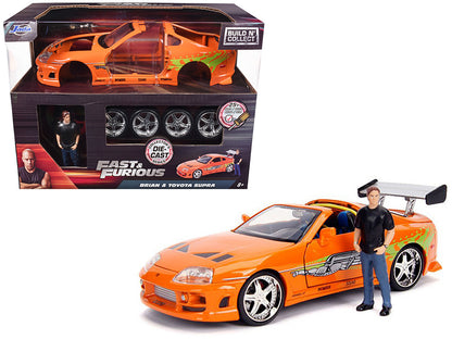 Model Kit Toyota Supra Metallic Orange with Brian Diecast Figure "Fast & Furious" Movie "Build N' Collect" 1/24 Diecast Model Car by Jada