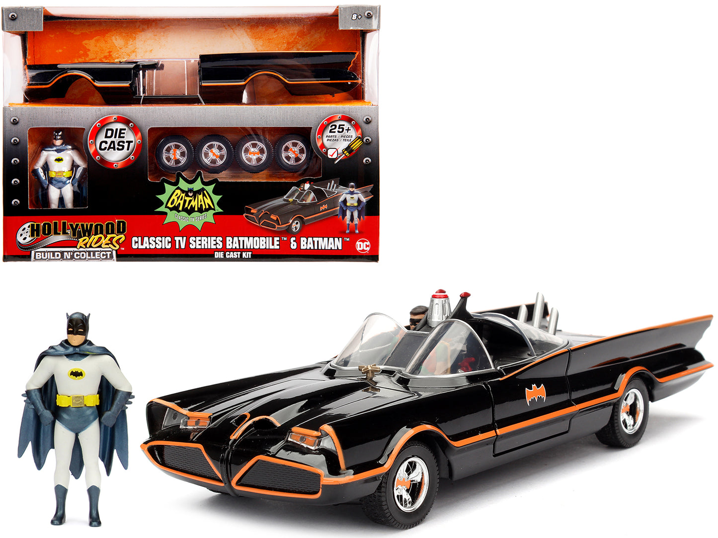 Model Kit Classic Batmobile Black with Batman Diecast Figure "Batman" (1966-1968) TV Series "Build N' Collect" 1/24 Diecast Model Car by Jada