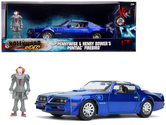 Henry Bower's Pontiac Firebird Trans Am Candy Blue with Pennywise Diecast Figurine "It Chapter Two" (2019) Movie 1/24 Diecast Model Car by Jada