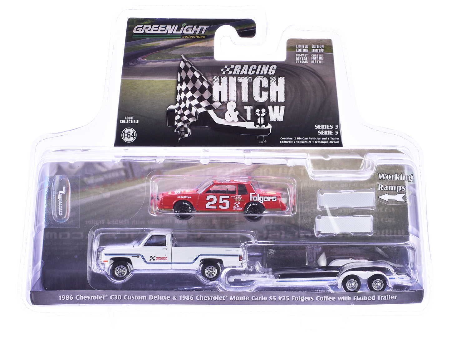 1986 Chevrolet C30 Custom Deluxe Pickup Truck White and 1986 Chevrolet Monte Carlo SS #25 "Folgers Coffee" Red with Flatbed Trailer "Hendrick Motorsports" "Racing Hitch & Tow" Series 5 1/64 Diecast Model Car by Greenlight