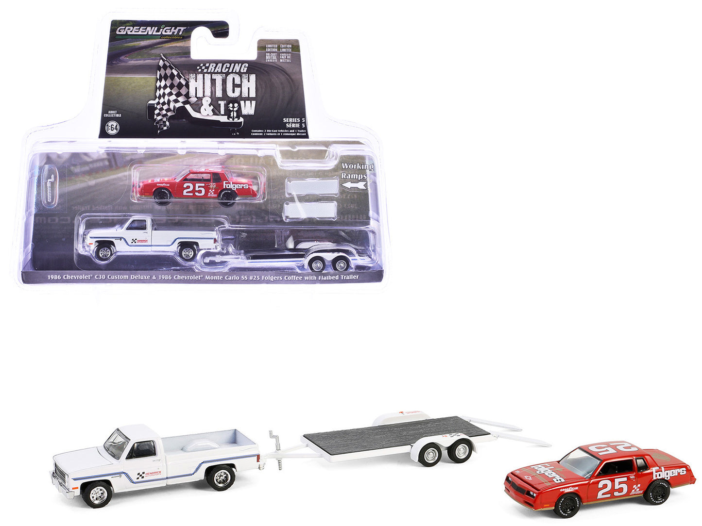 1986 Chevrolet C30 Custom Deluxe Pickup Truck White and 1986 Chevrolet Monte Carlo SS #25 "Folgers Coffee" Red with Flatbed Trailer "Hendrick Motorsports" "Racing Hitch & Tow" Series 5 1/64 Diecast Model Car by Greenlight