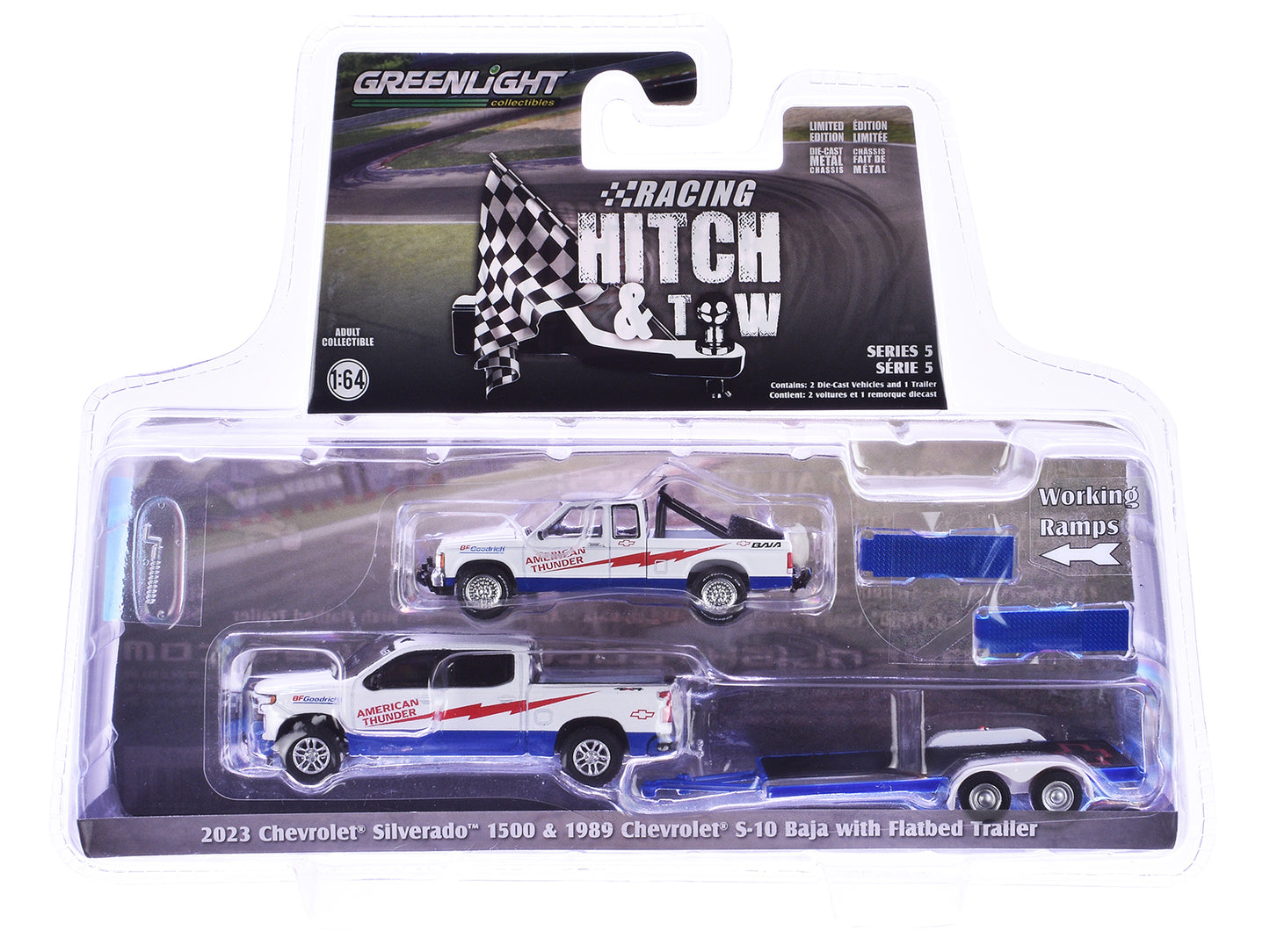 2023 Chevrolet Silverado 1500 Pickup Truck White and 1989 Chevrolet S-10 Baja Pickup Truck White with Flatbed Trailer "American Thunder" "Racing Hitch & Tow" Series 5 1/64 Diecast Model Car by Greenlight