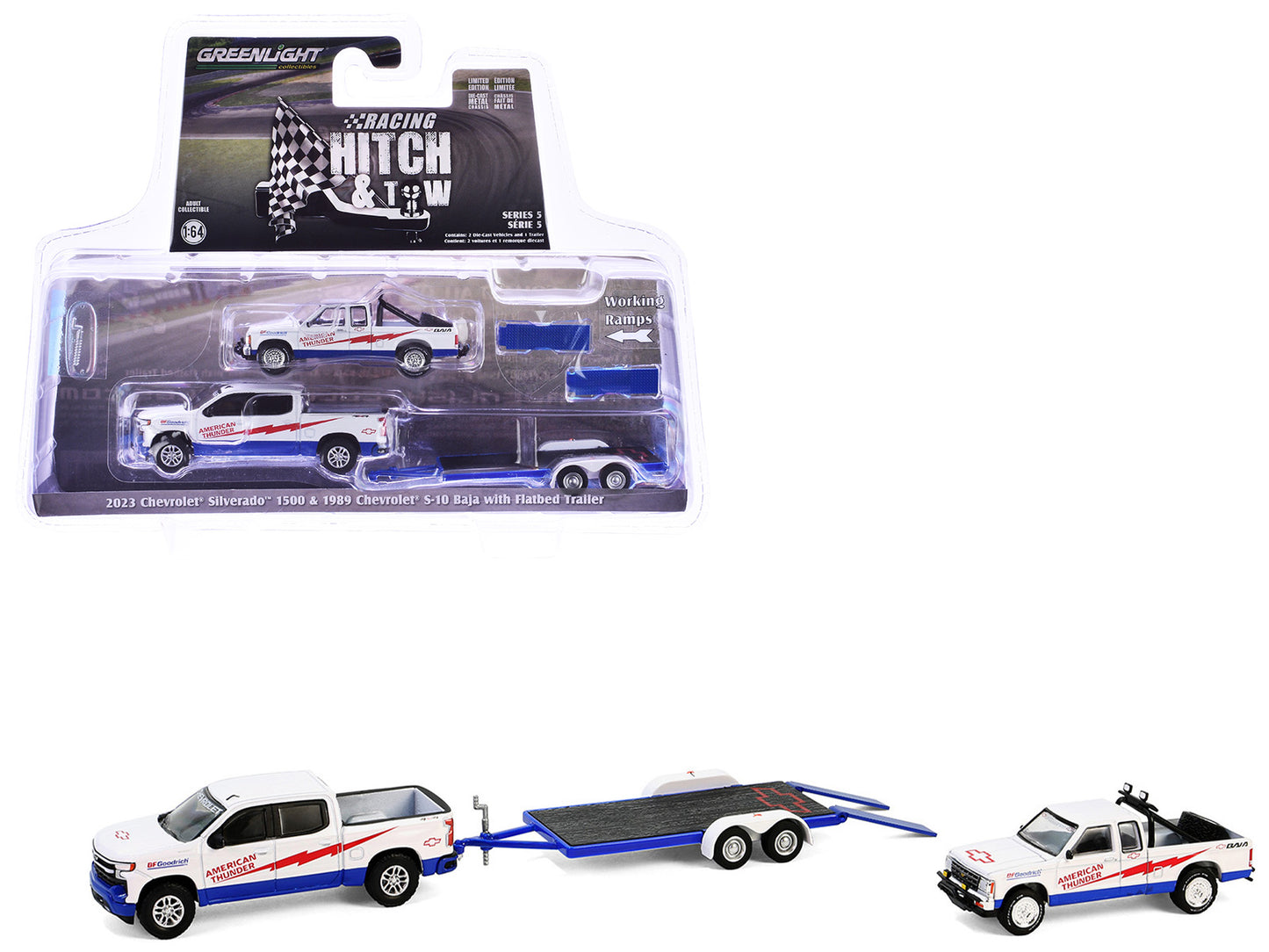 2023 Chevrolet Silverado 1500 Pickup Truck White and 1989 Chevrolet S-10 Baja Pickup Truck White with Flatbed Trailer "American Thunder" "Racing Hitch & Tow" Series 5 1/64 Diecast Model Car by Greenlight