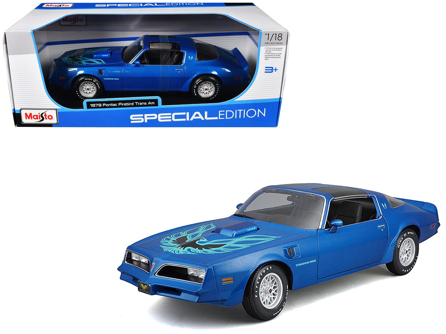 1978 Pontiac Firebird Trans Am Blue Metallic with Hood Graphics "Special Edition" Series 1/18 Diecast Model Car by Maisto