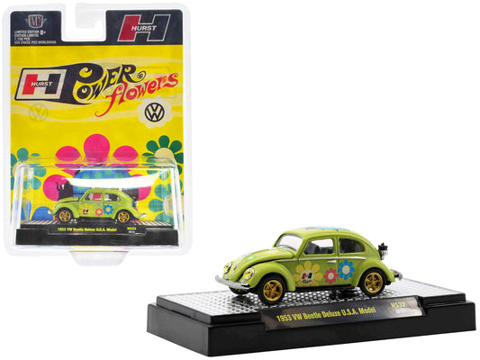 1953 Volkswagen Beetle Deluxe U.S.A. Model Lime Green Metallic with Graphics "Hurst Power Flowers" Limited Edition to 7150 pieces Worldwide 1/64 Diecast Model Car by M2 Machines